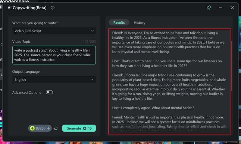 the podcast script generated by filmora