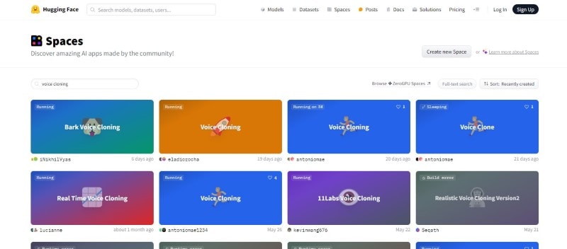 Modelos de clonagem de voz no Hugging Face Spaces