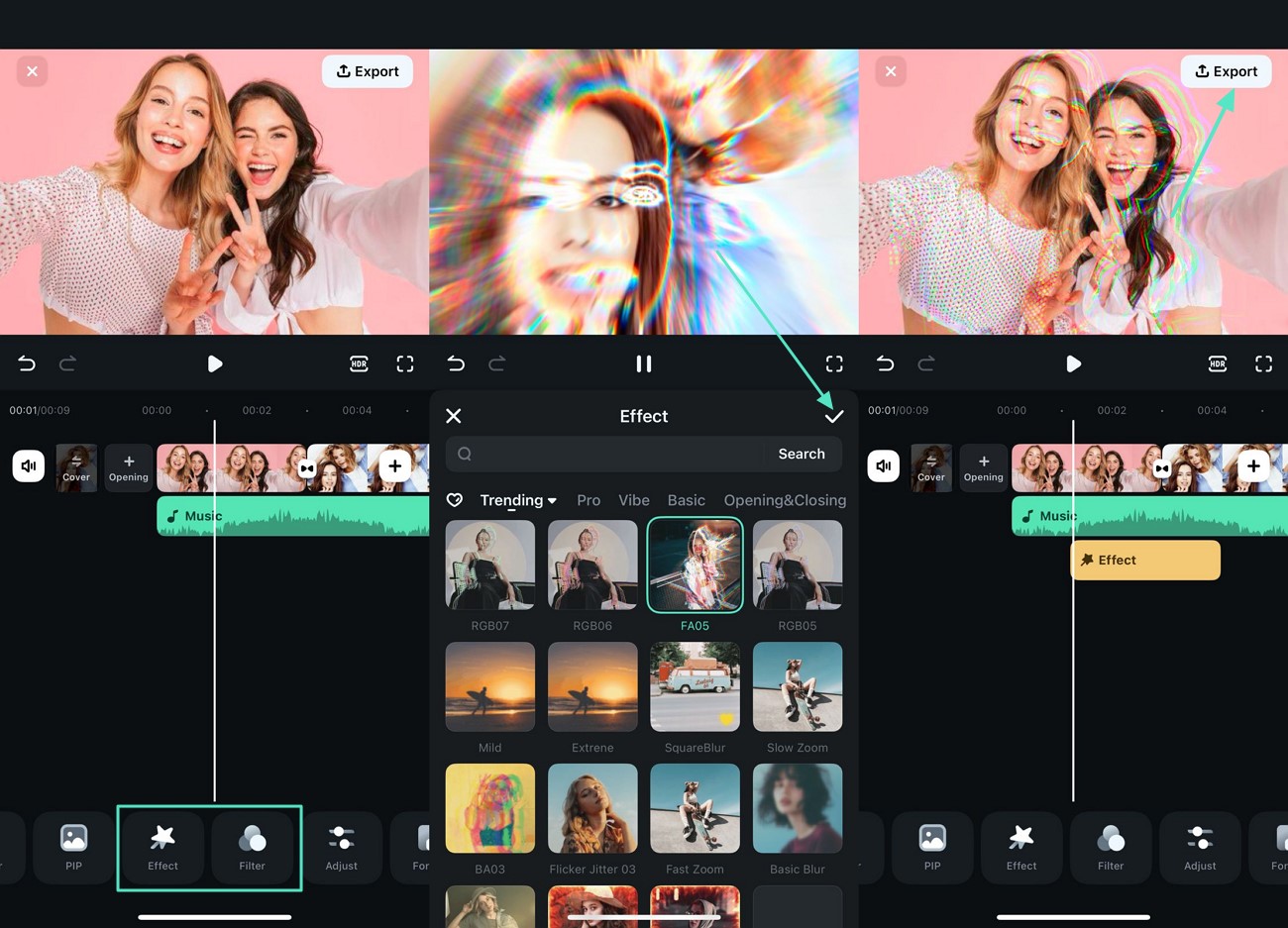 apply effects and filter export results