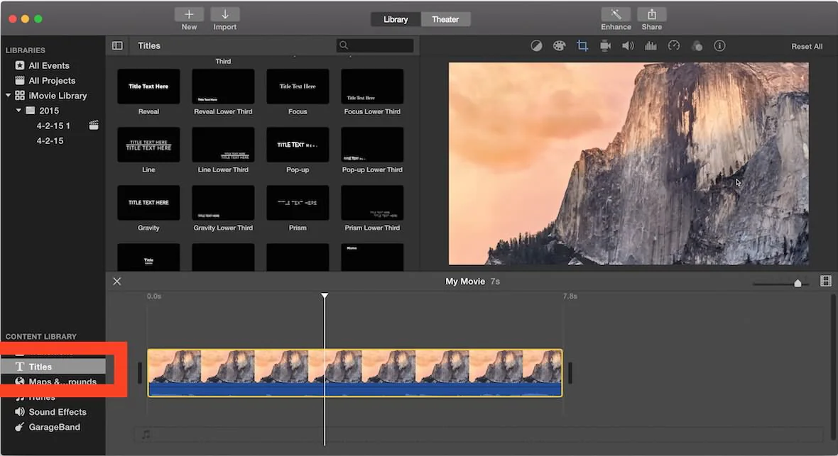 iMovie 新增標題介面