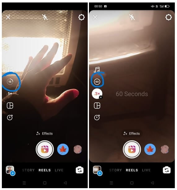 instagram reels recording time option