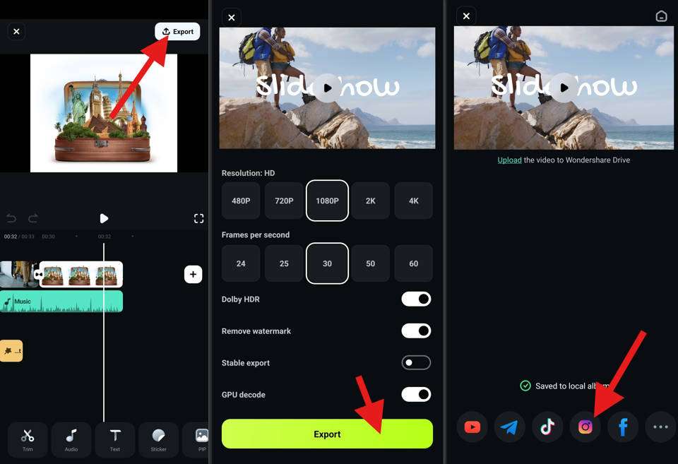 export instagram slideshow made using filmora