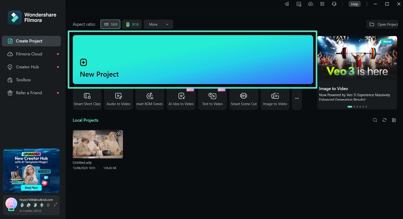 launch filmora start new project