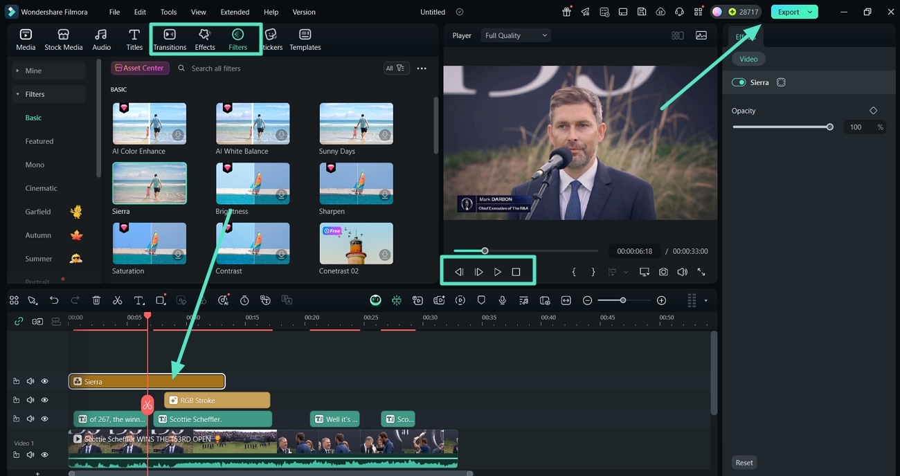 apply transitions effects and filters