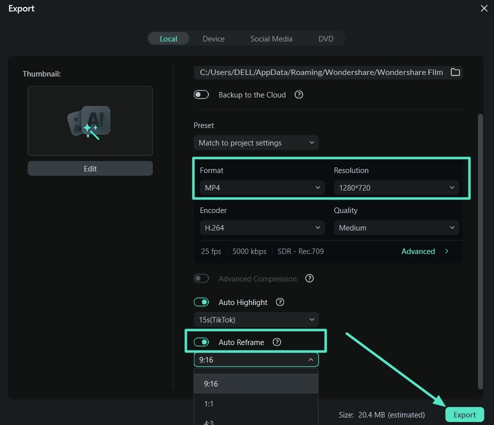 perform auto reframe and export file