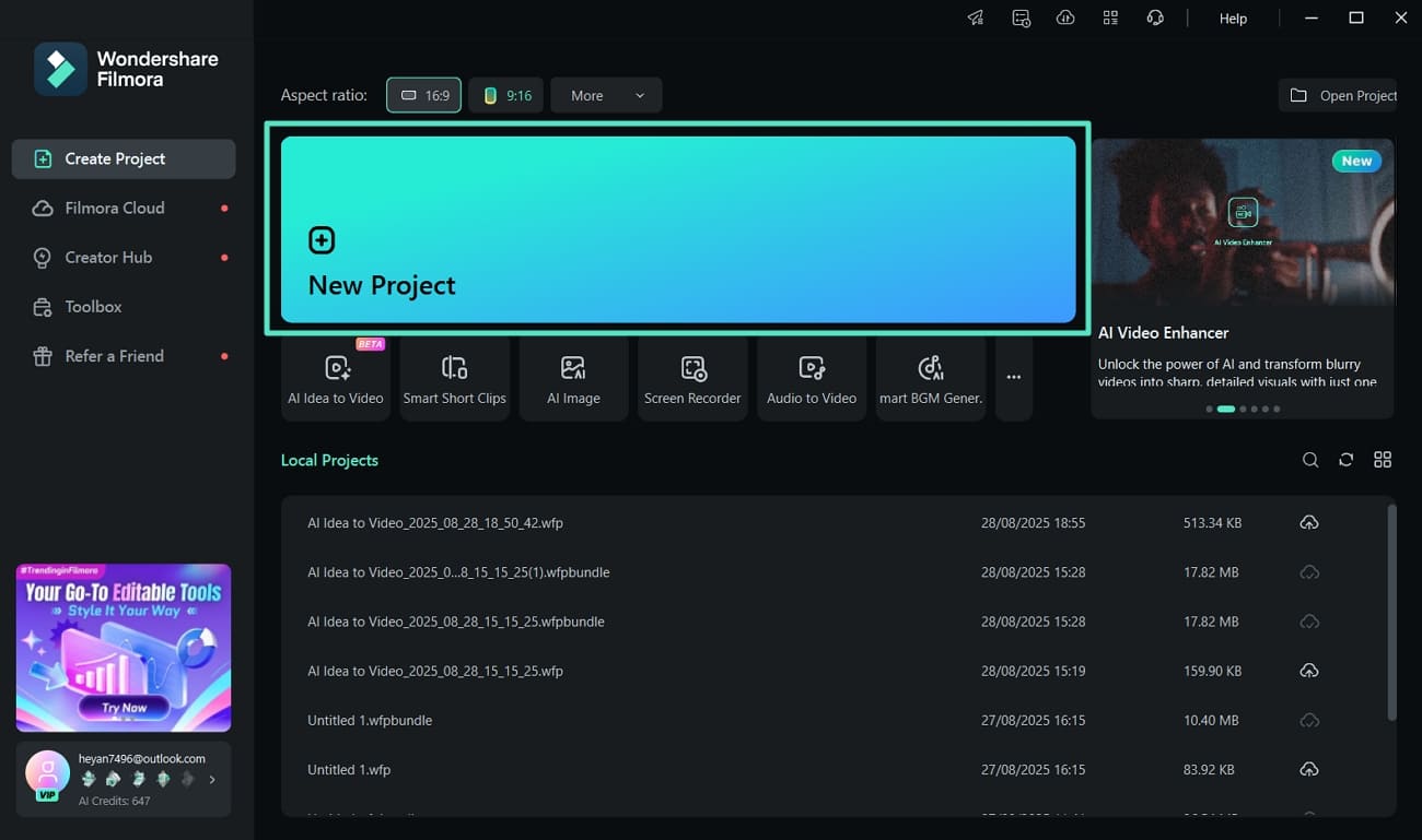 start new project filmora