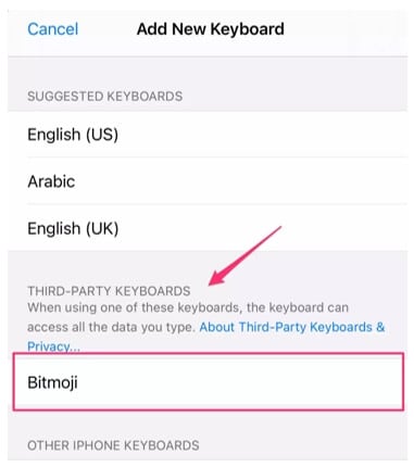 iphone keyboard bitmoji option