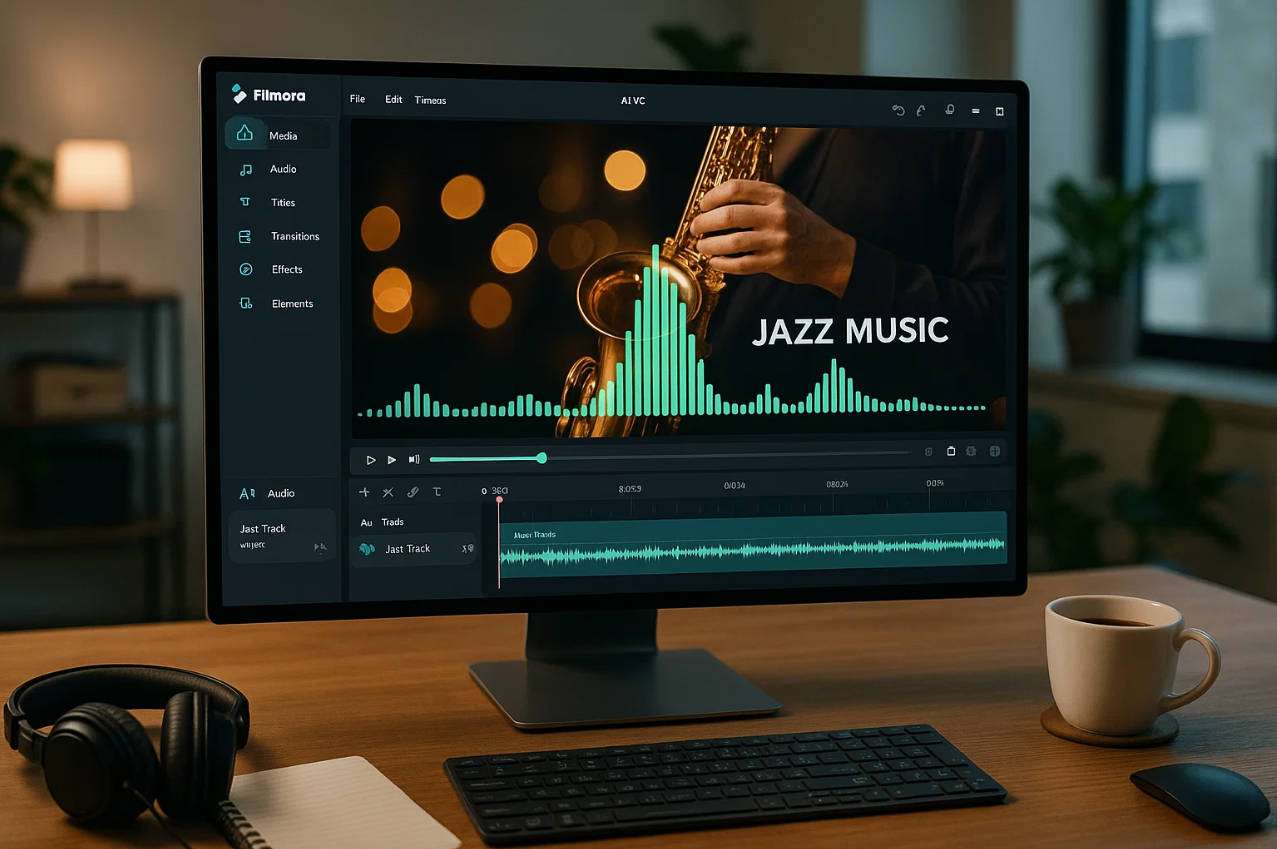 filmora ai jazz music video editing interface