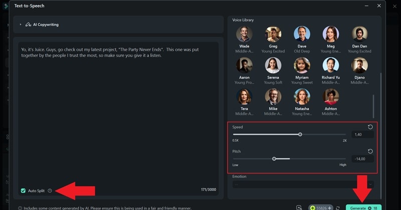 setting audio and click generate