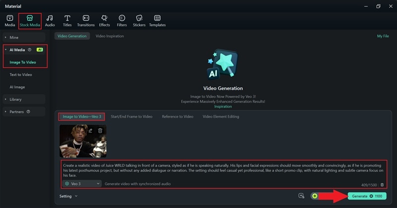 use filmora ai image to video