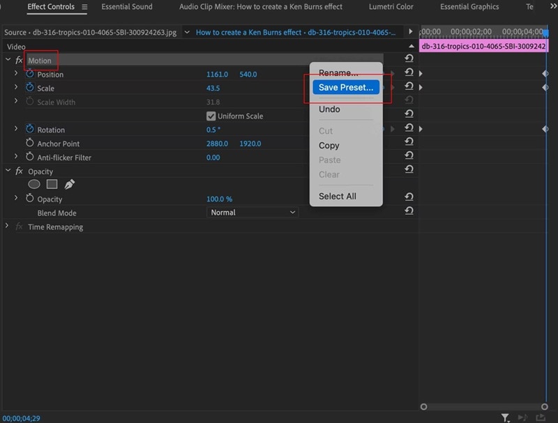 set ken burns effect as preset