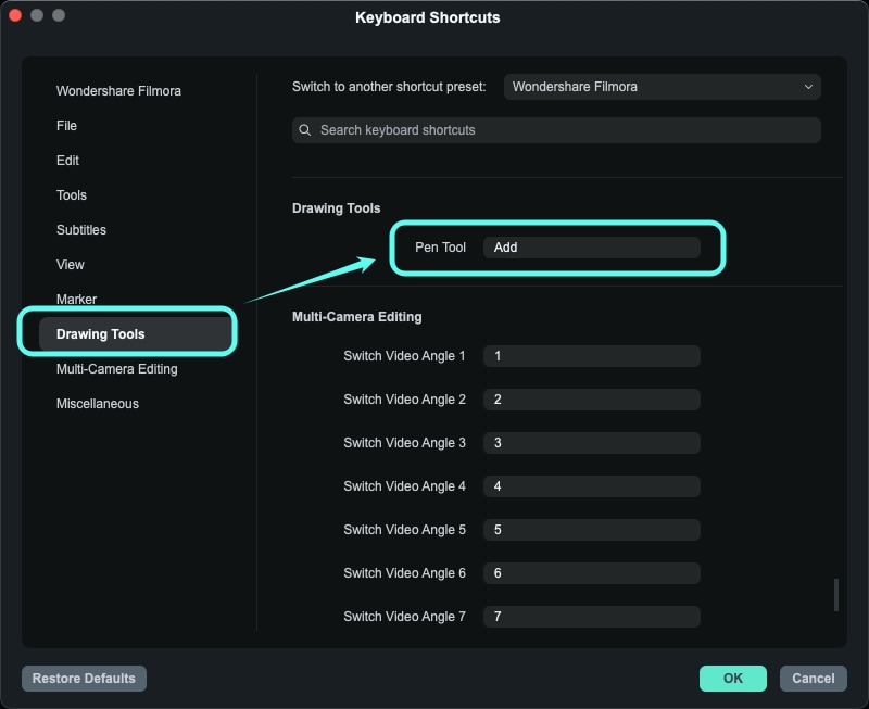 Filmora custom path motion keyboard shortcut configuration