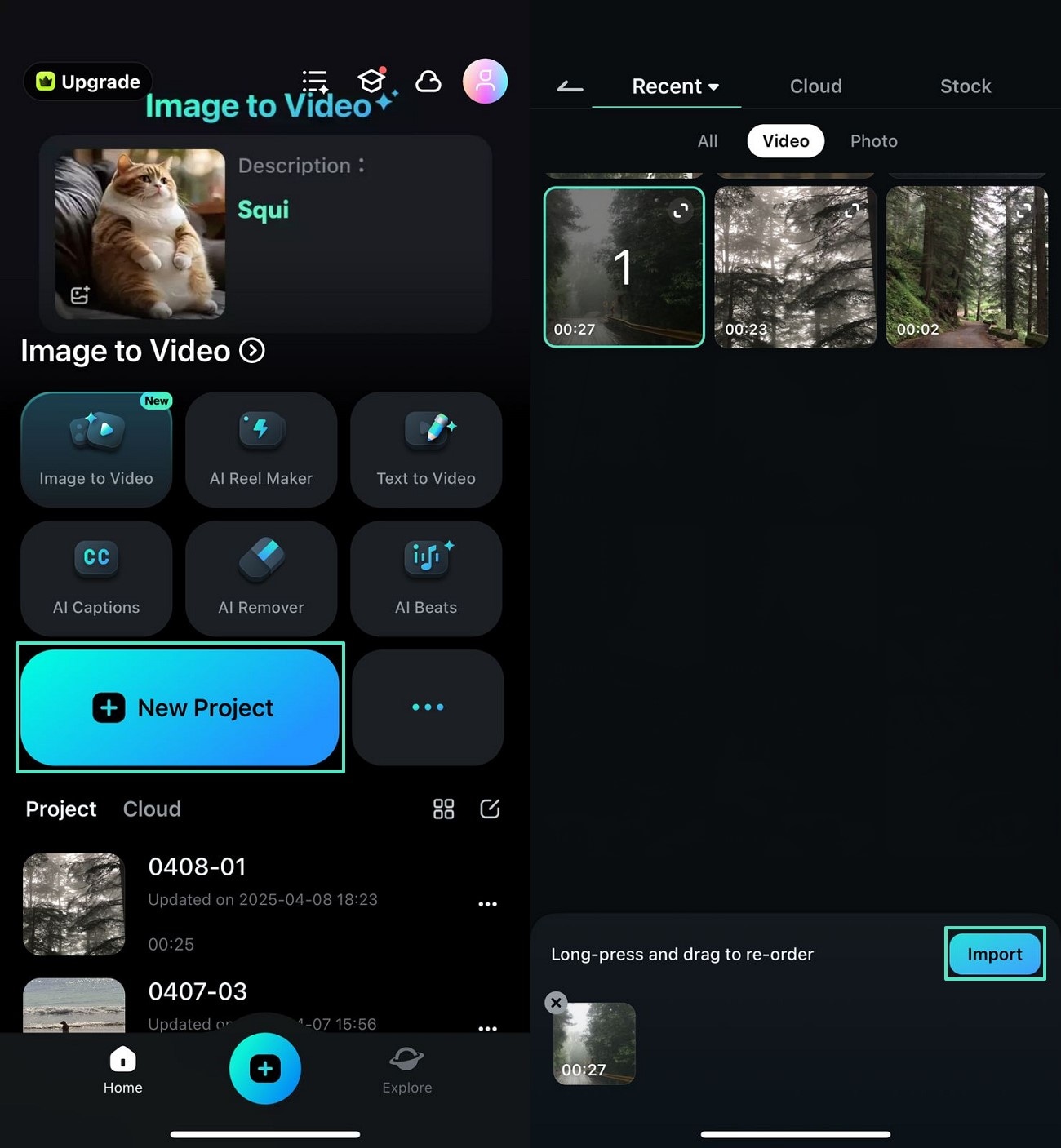  install filmora app and import video