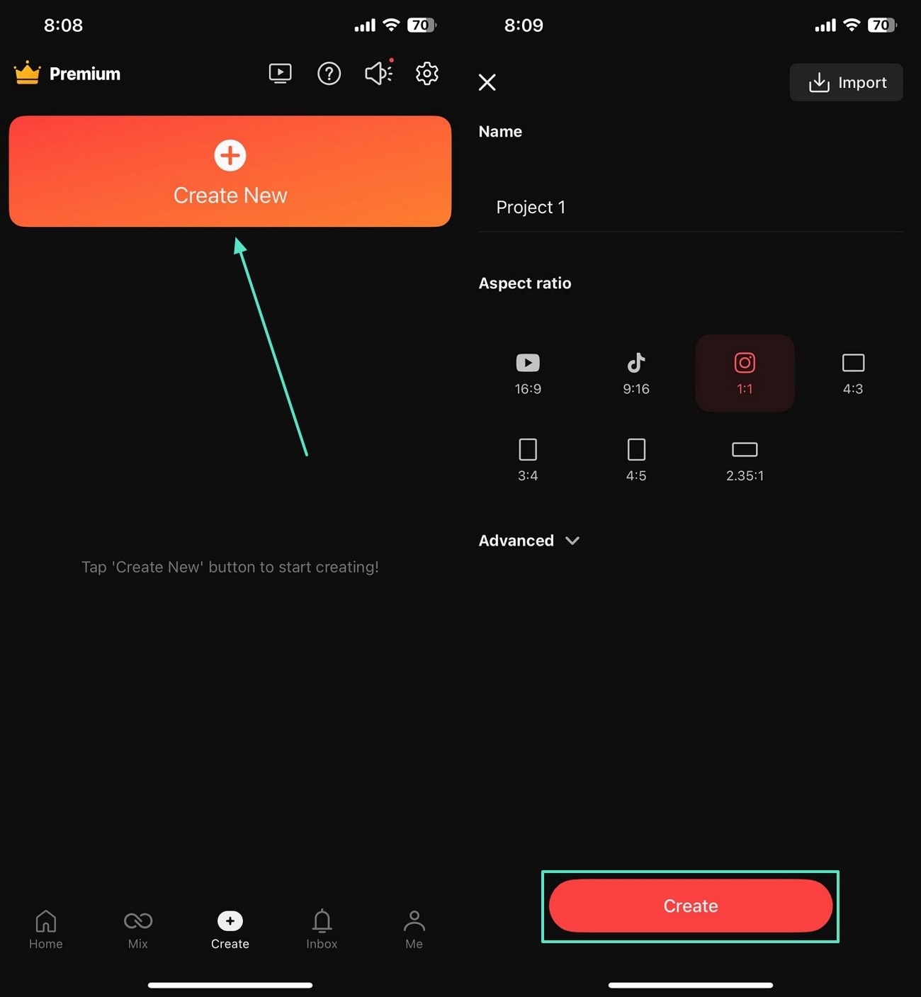 access kinemaster and create project