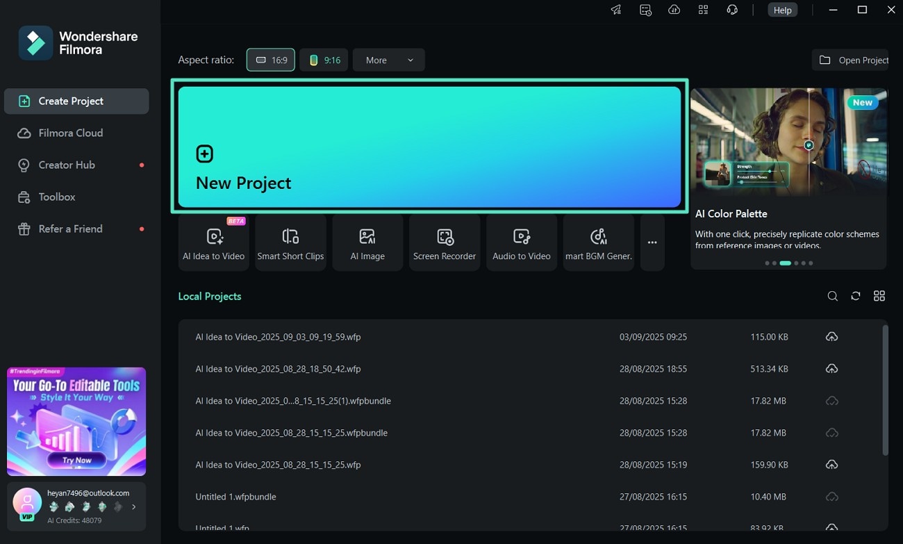 access filmora start new project