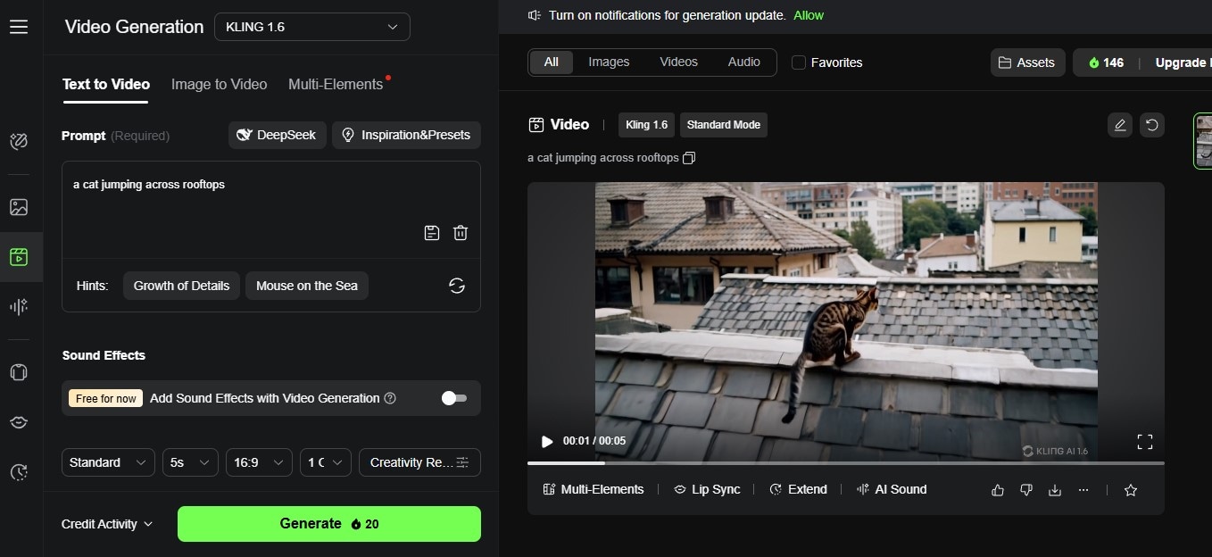 Kling AI cat jumping generated video