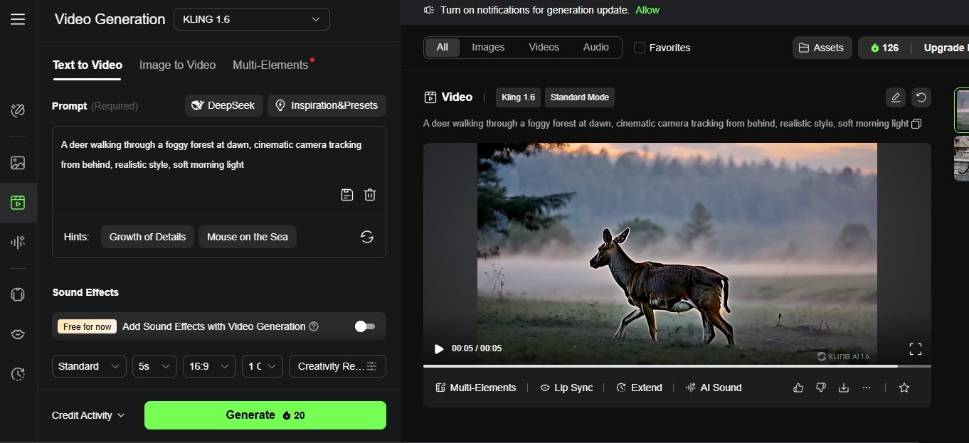 Kling AI deer walking through foggy forest generated video