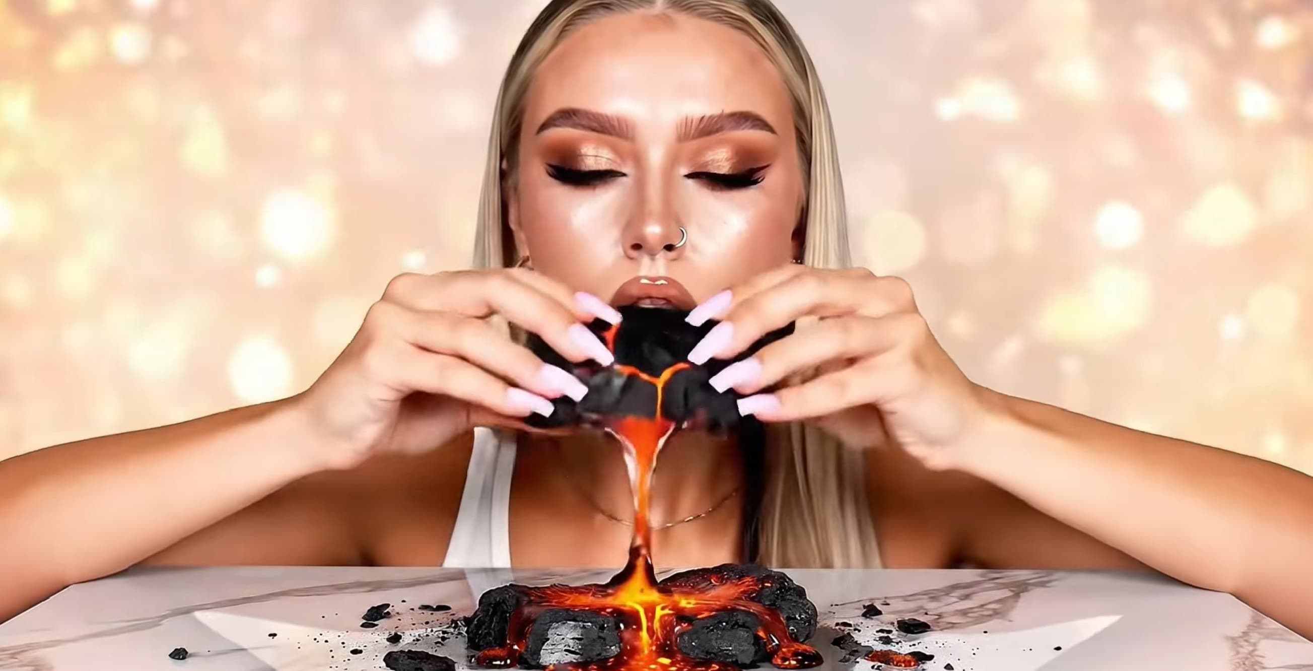 lady eating coal lava meal