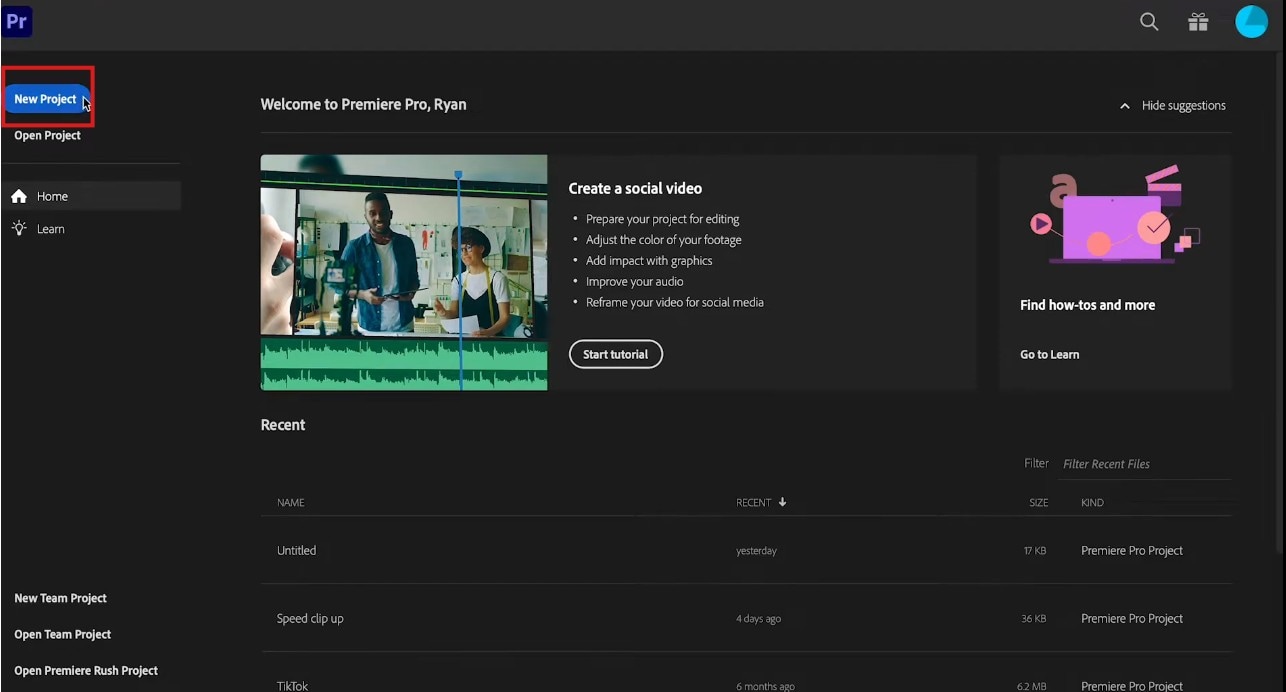 creating project on premiere pro