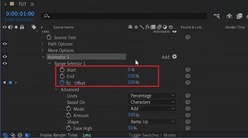 after effects range selector settings