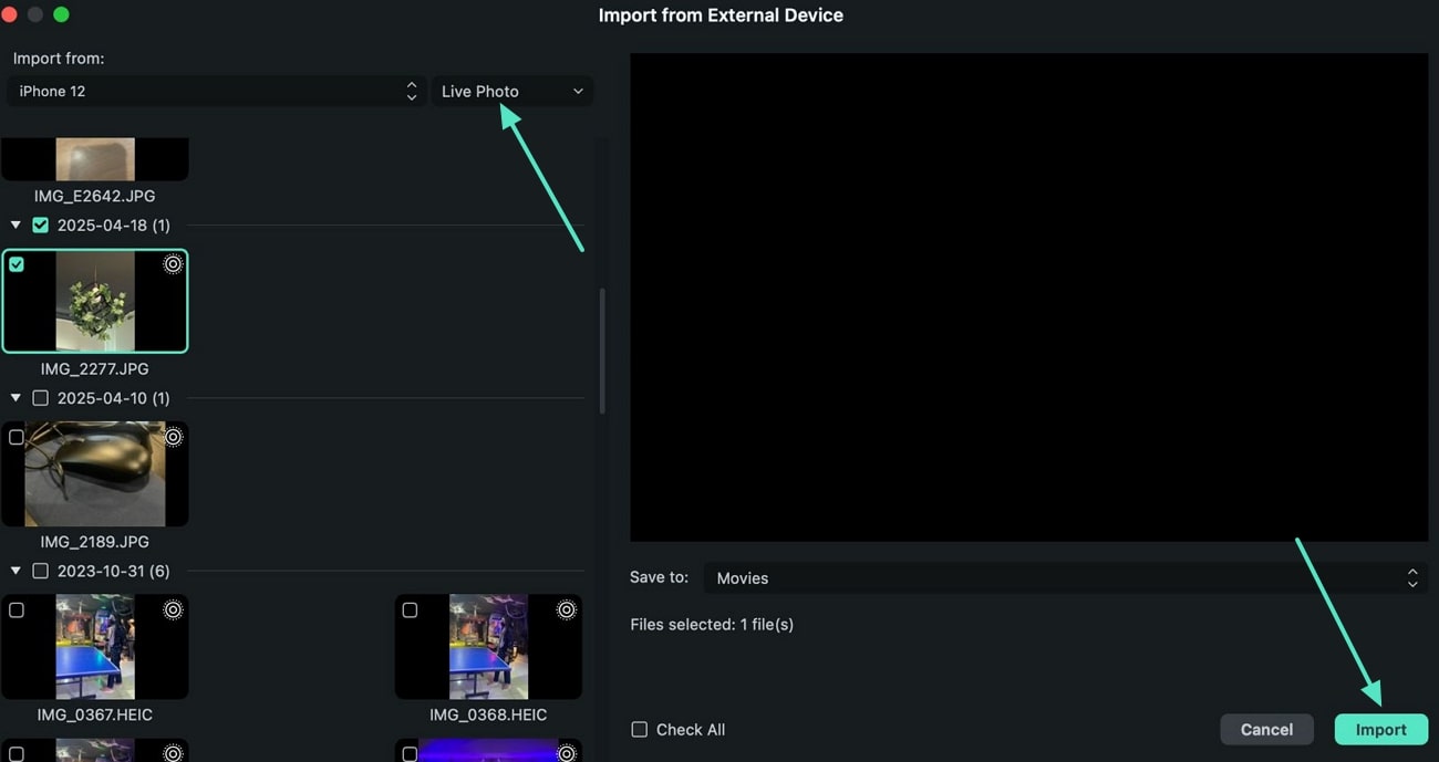 choose live photos and import