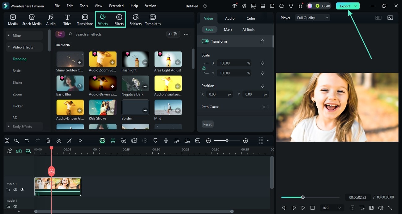 apply effects and filters hit export