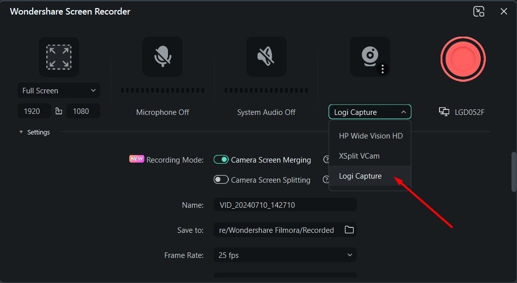 définir logitech capture comme source de caméra dans filmora