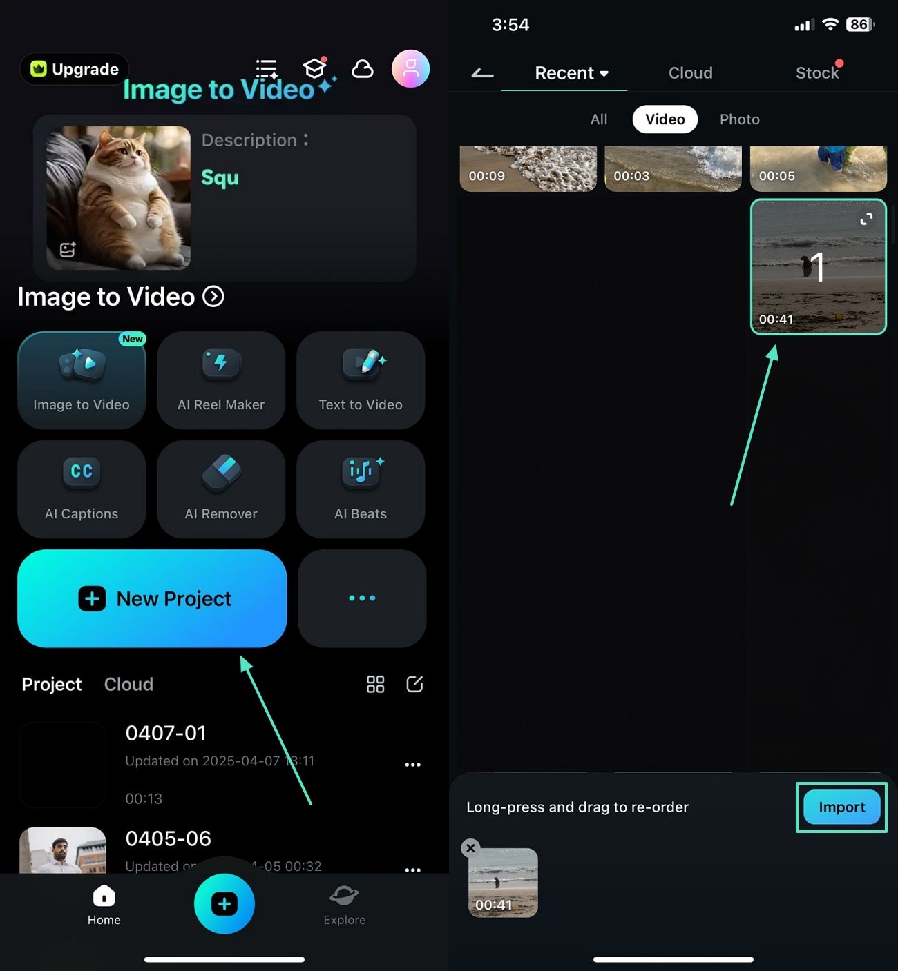 install filmora app and import video