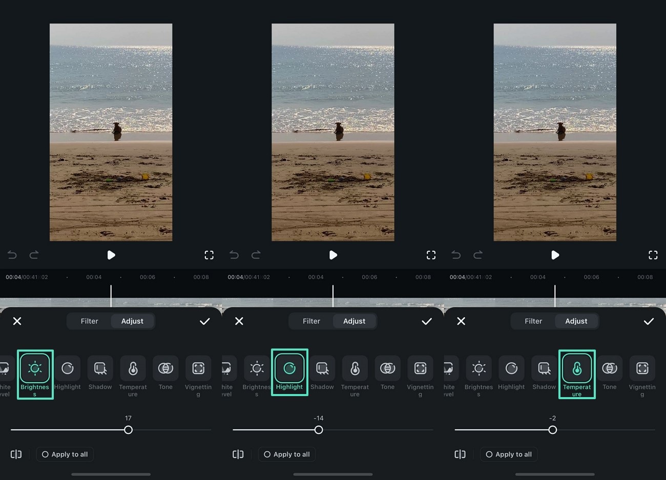 adjust highlight and temperature of video