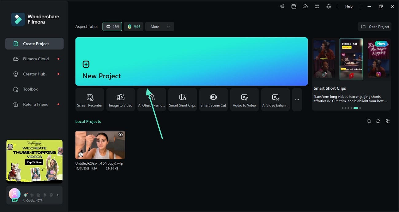 launch filmora and start new project