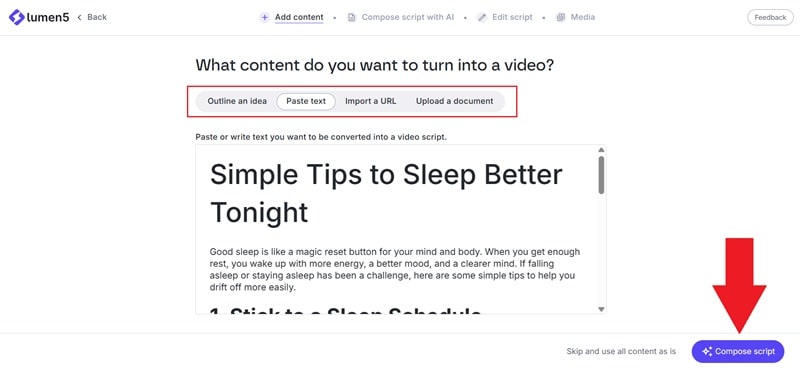 write text and select compose script