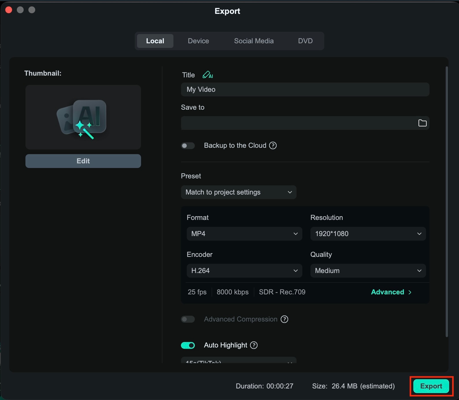 adjust settings and export