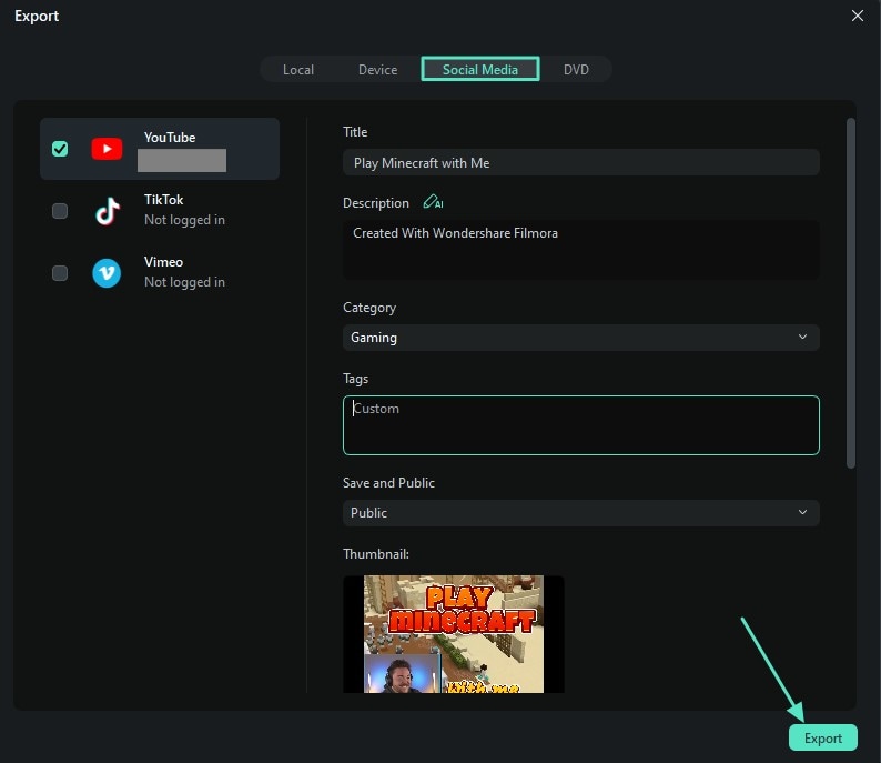export and publish to youtube