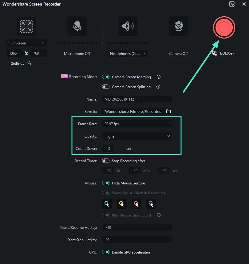 hit red button adjust frame rate
