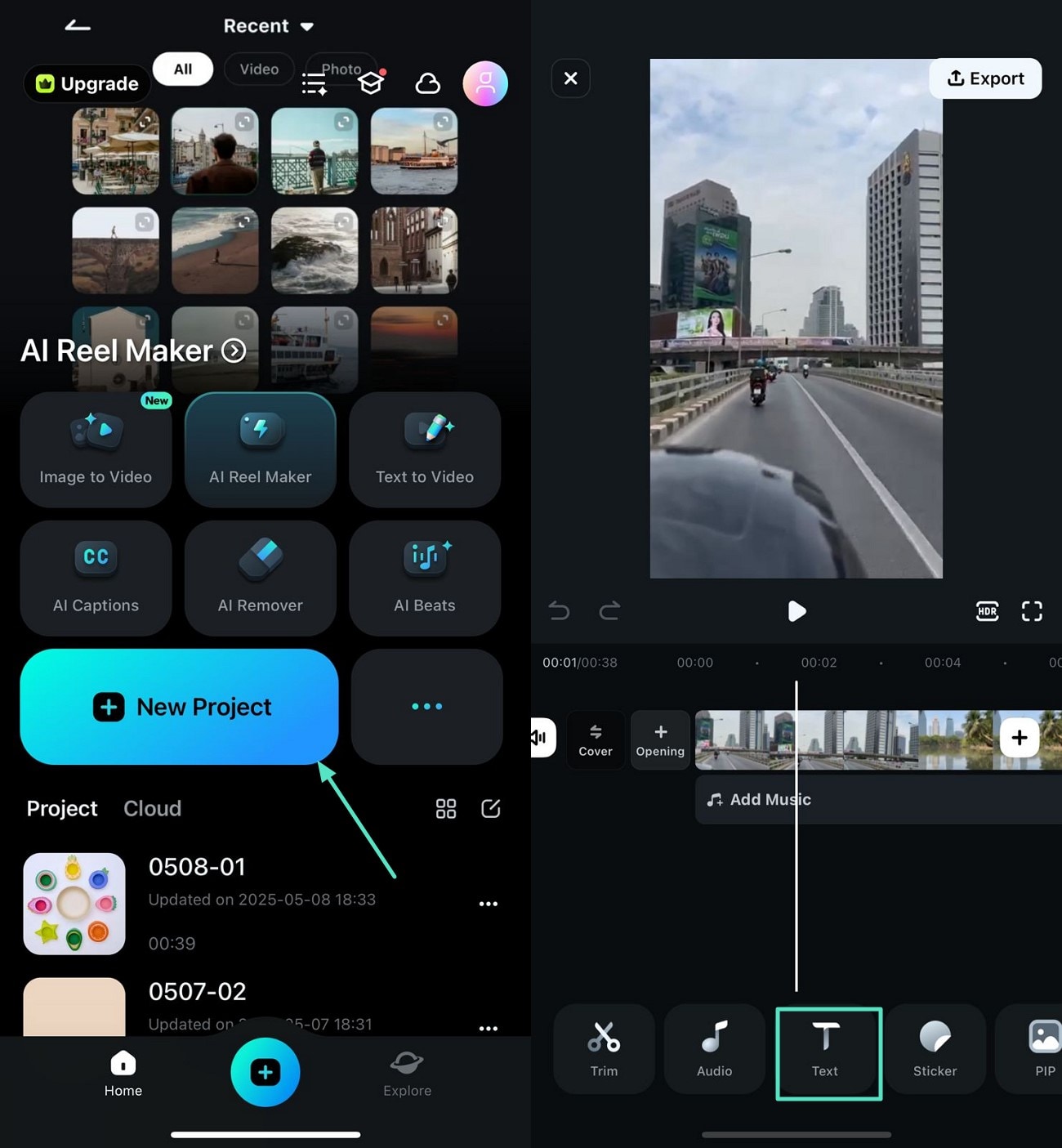 access filmora app text feature