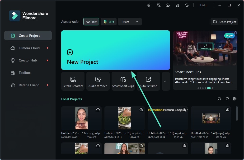 download filmora and click new project