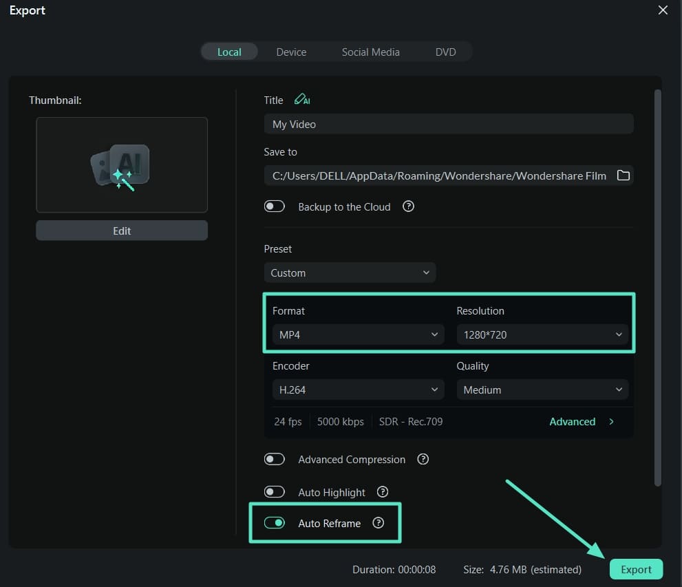 export video auto reframe