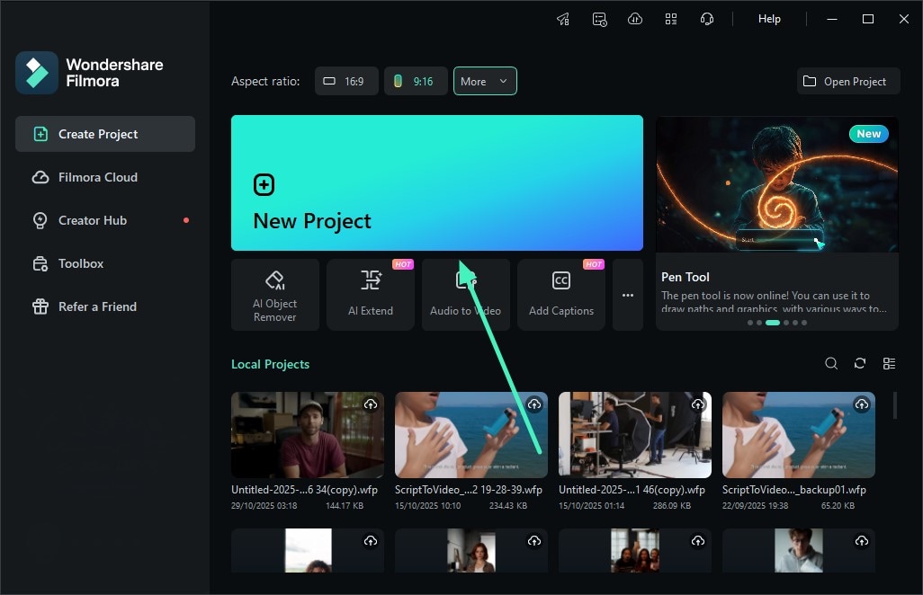 create new filmora project
