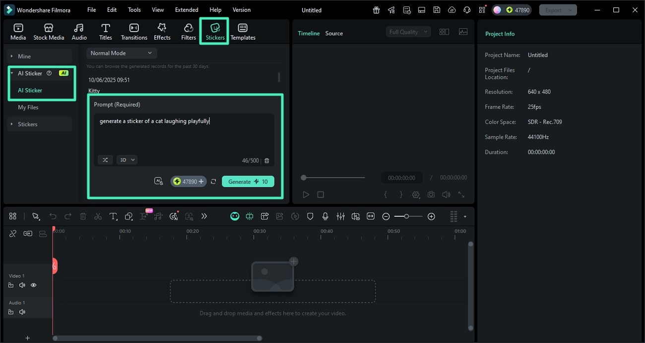 using Filmora AI Stickers to turn an image into a sticker from a text prompt