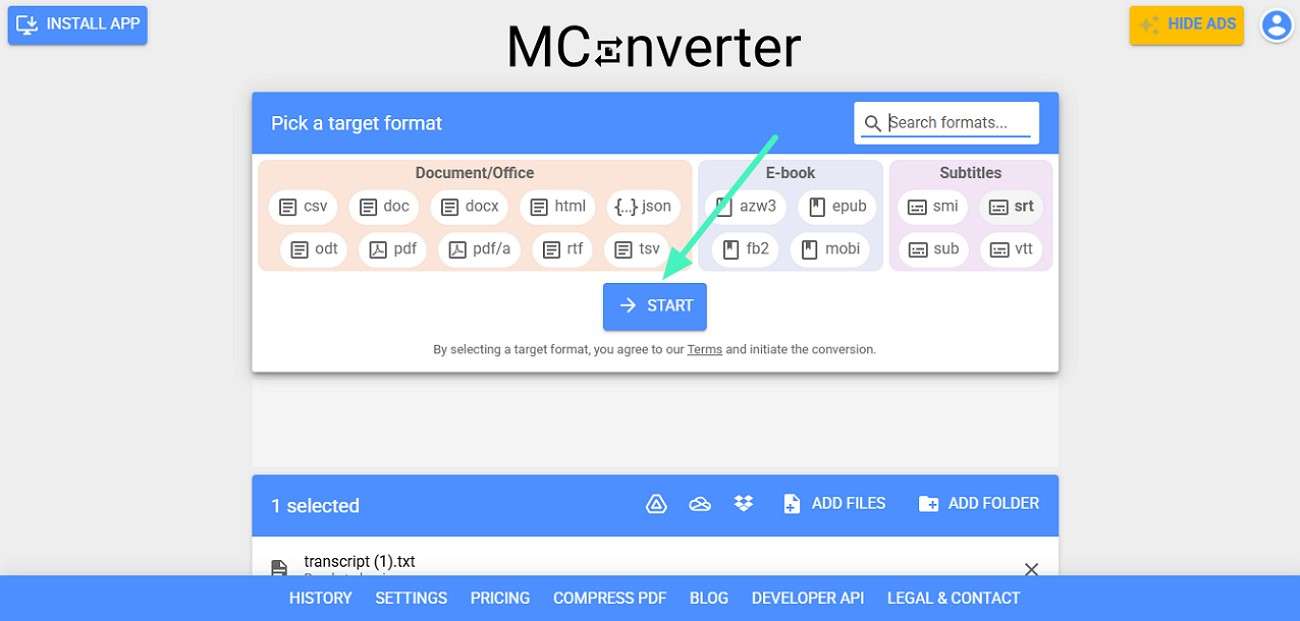 click start to begin conversion
