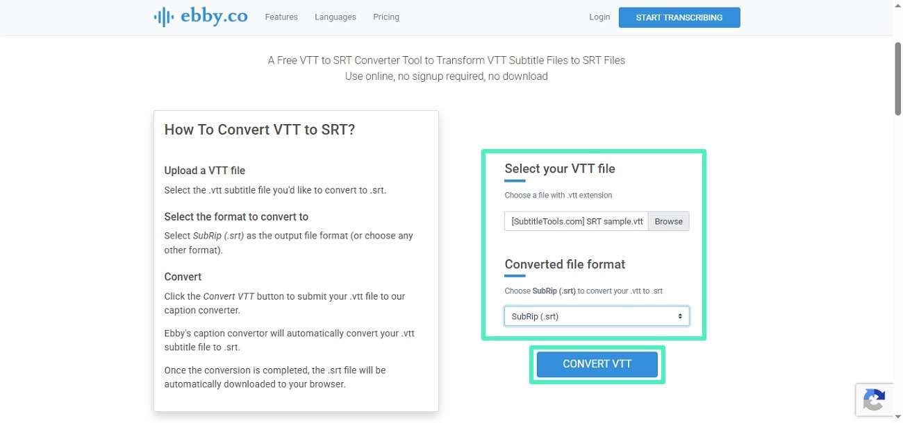 perform vtt to srt conversion