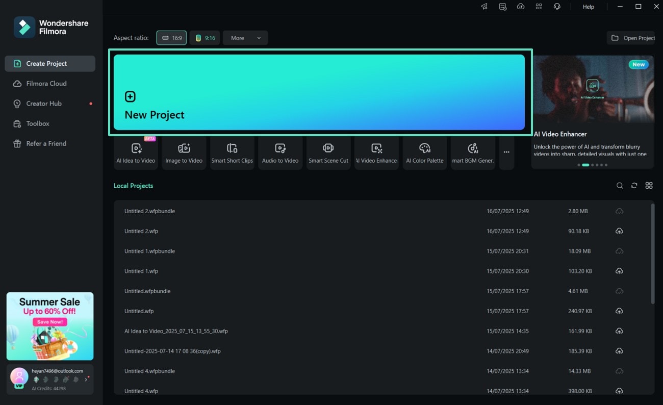 start new project filmora desktop