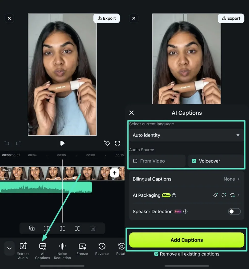 add ai captions filmora app