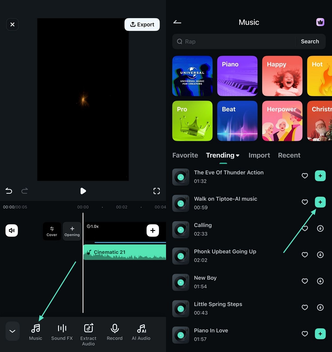 add trending music from filmora app