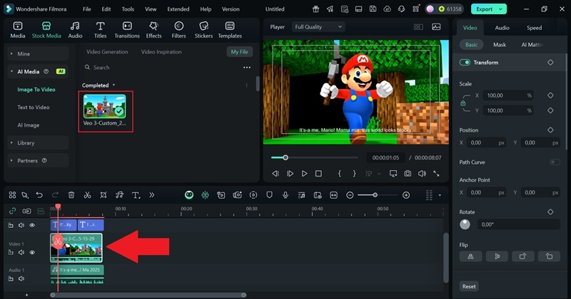 drag ai mario video to timeline