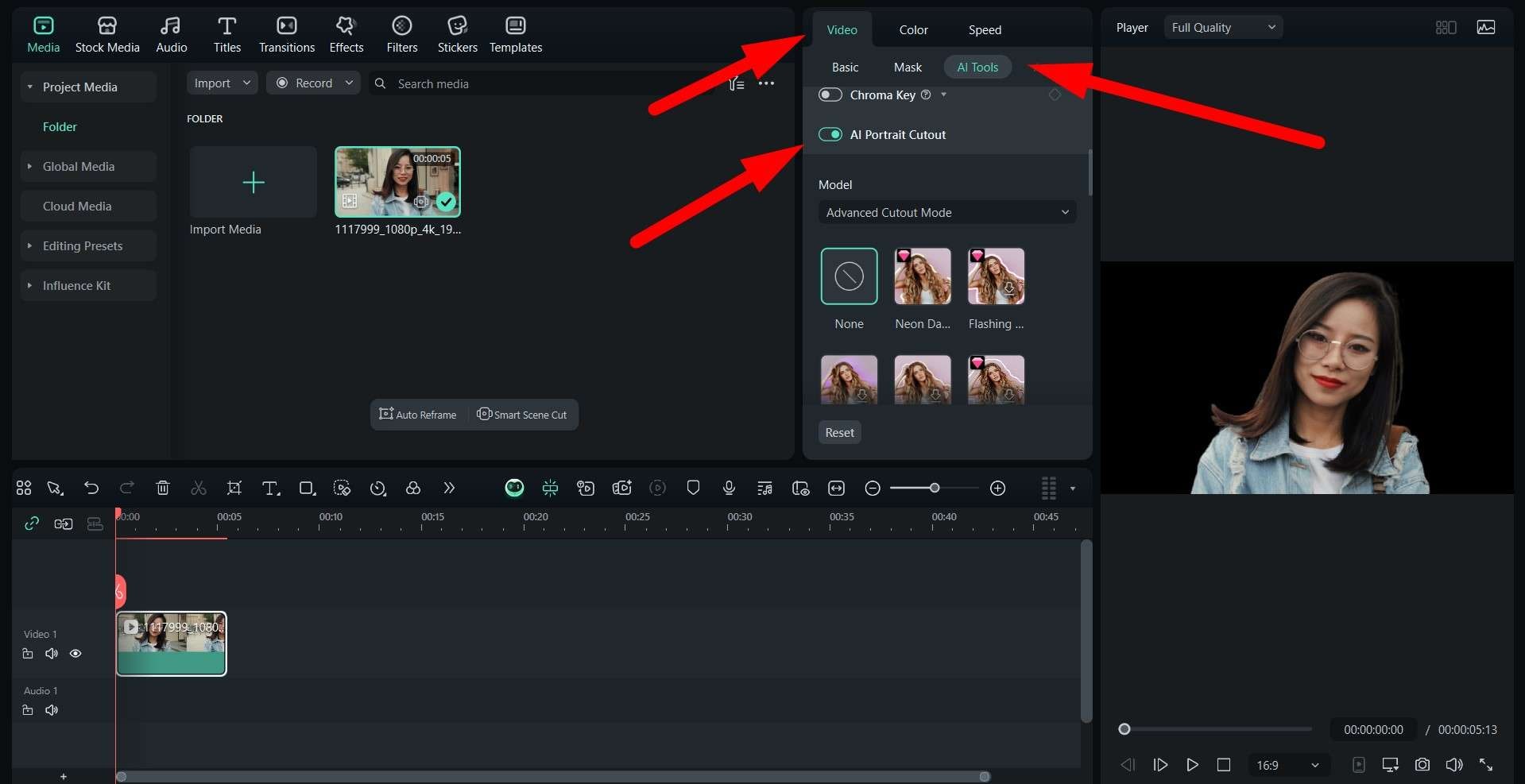 use ai portrait cutout feature filmora
