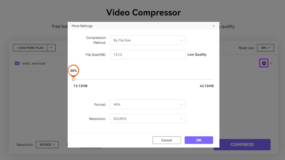 Media.io online video compressor settings