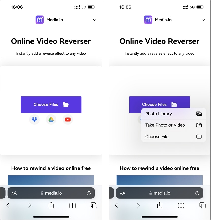 Media.io inverte i video online su iPhone 