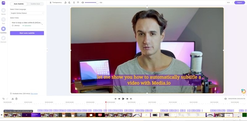 media.io add subtitles interface