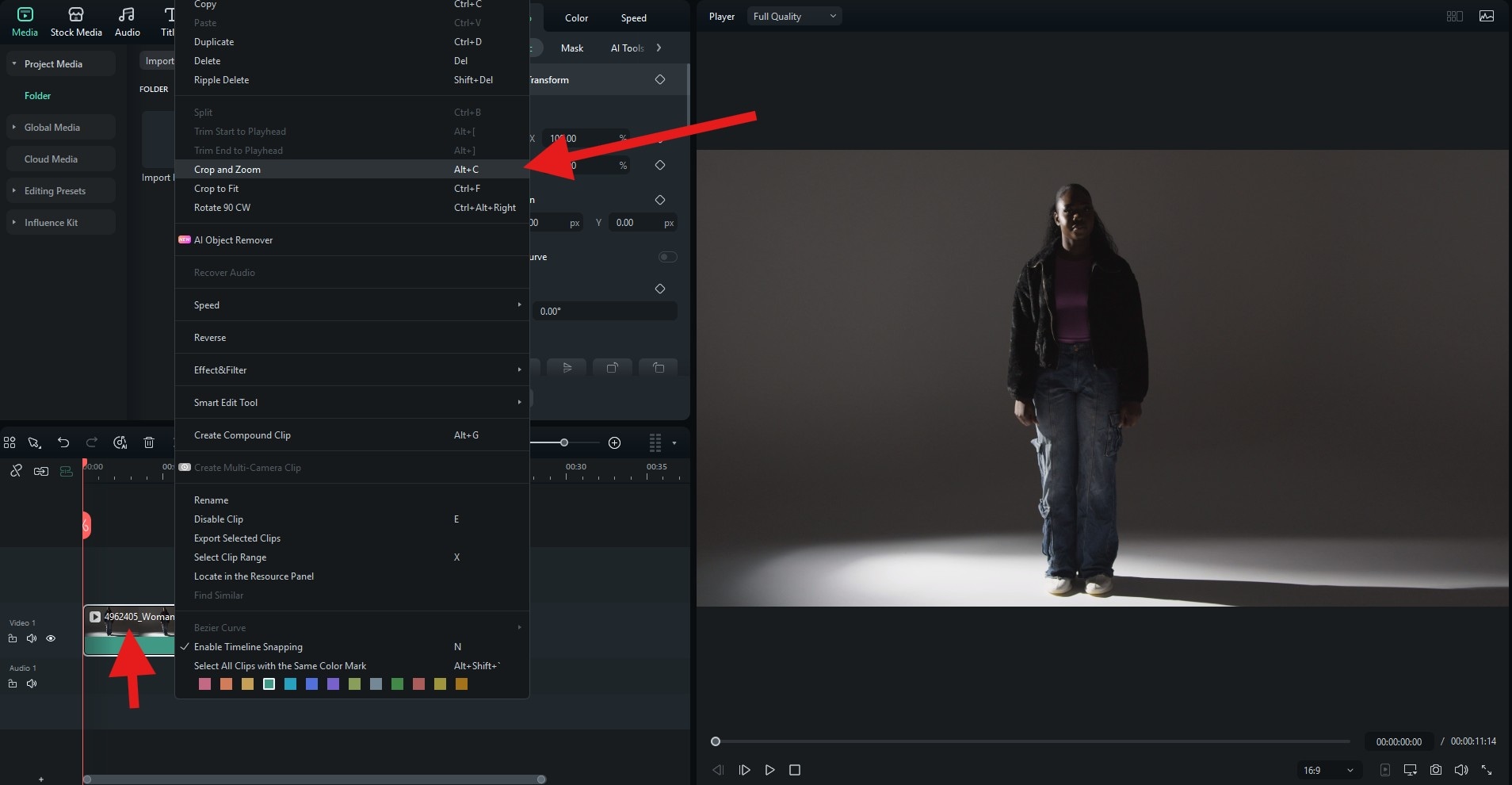 select crop and zoom feature filmora